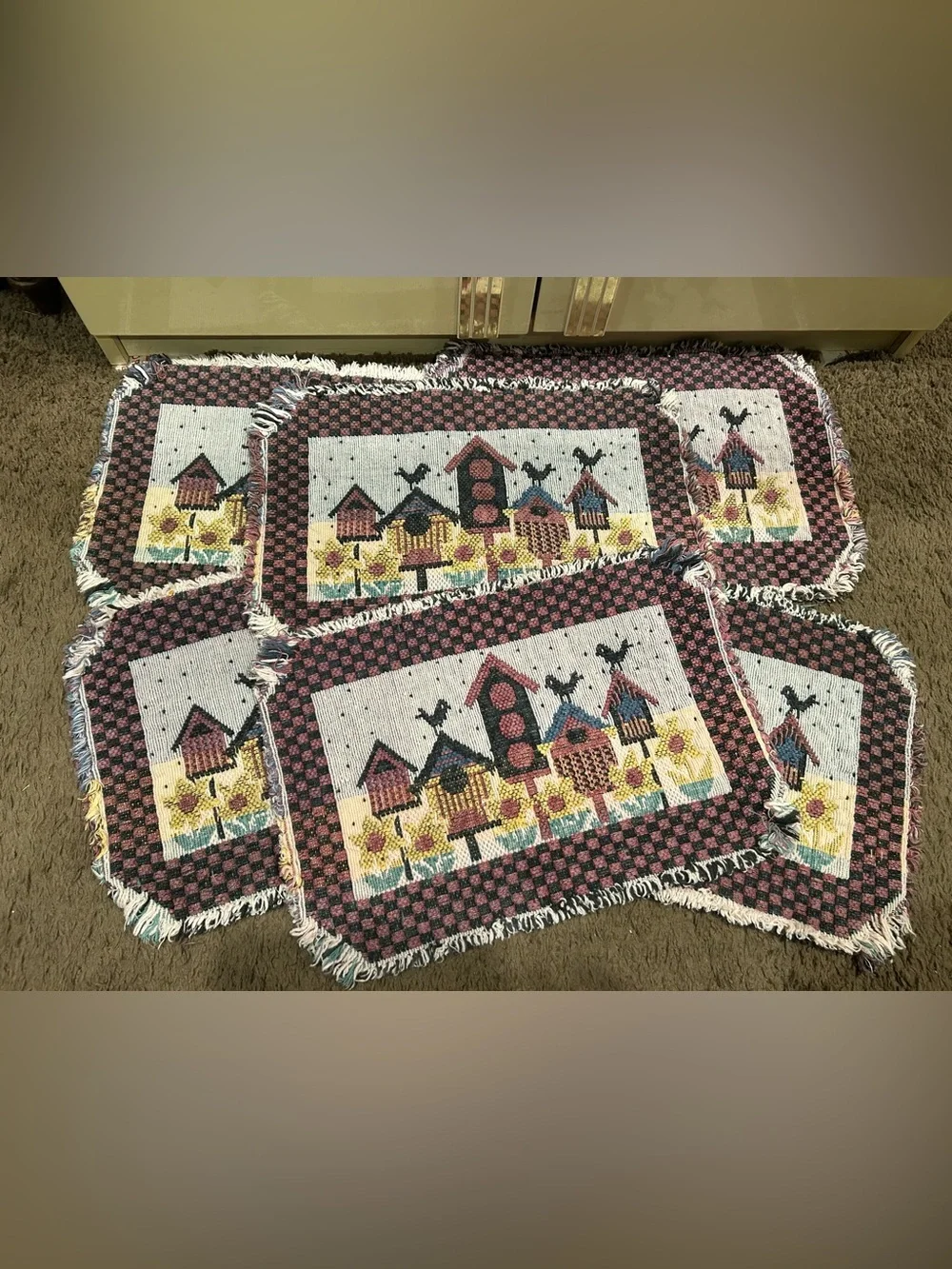 Set 6 Vtg Pink and Cream Birdhouse Tapestry Kitchen Placemats🌾🌾